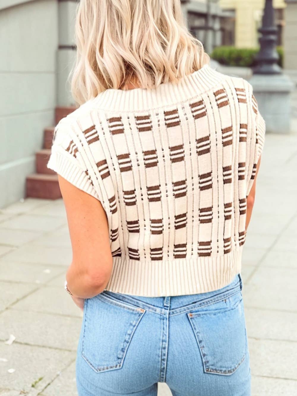 Geometric Textured Knit V Neck Sweater Vest