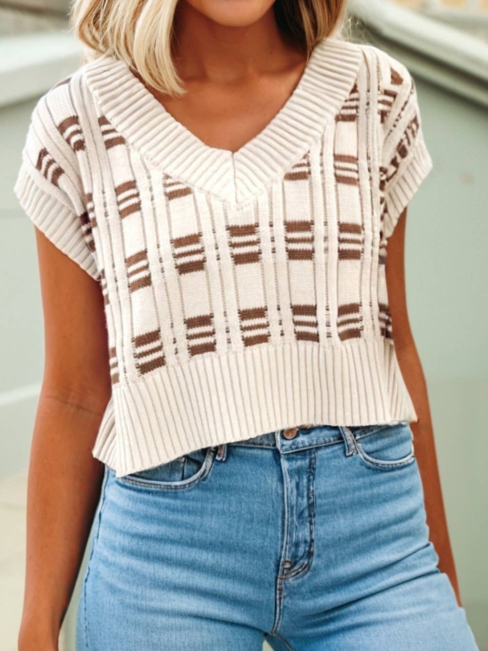 Geometric Textured Knit V Neck Sweater Vest